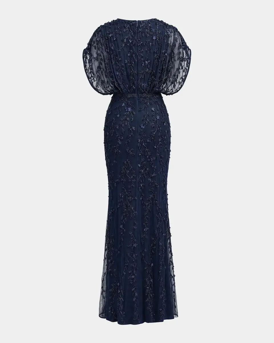 Mac Duggal Beaded Draped Mesh Column Gown | Thumbnail 5 Mac Duggal Beaded Draped Mesh Column Gown | Thumbnail 5