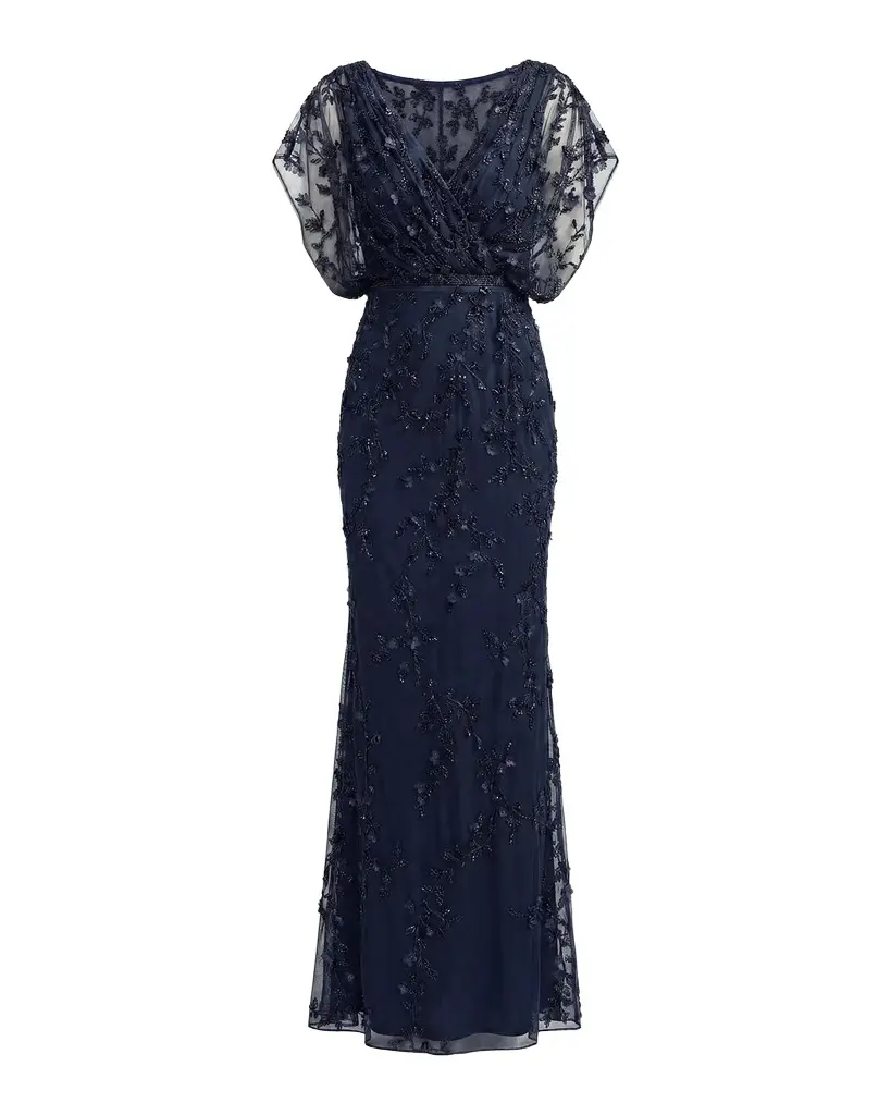 Mac Duggal Beaded Draped Mesh Column Gown | Image 1 Mac Duggal Beaded Draped Mesh Column Gown | Image 1