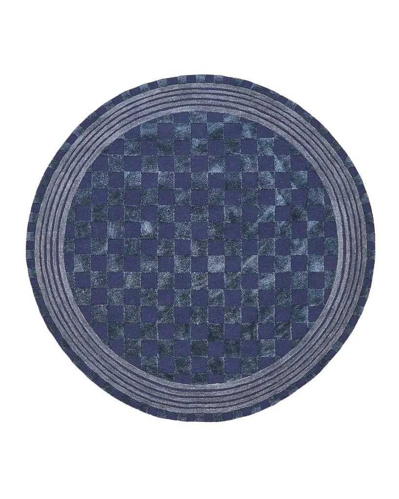 MacKenzie-Childs Indigo Blue Tonal Check Rug, 6 ' Round | Image 1 MacKenzie-Childs Indigo Blue Tonal Check Rug, 6 ' Round | Image 1