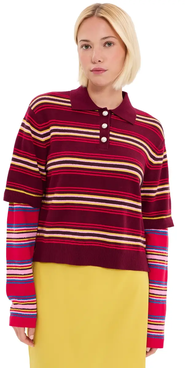LE BOP Wesley Polo Pullover Burgundy Stripe Multi | Image 1 LE BOP Wesley Polo Pullover Burgundy Stripe Multi | Image 1