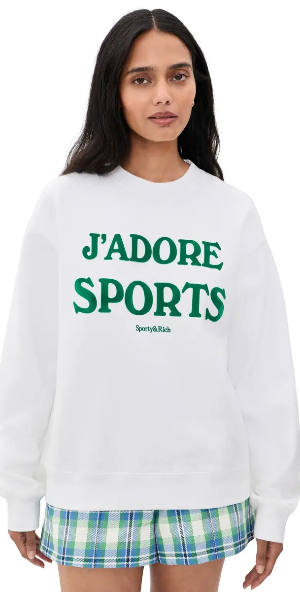 Sporty & Rich Jadore Flocked Crewneck Sweatshirt White Kelly | Image 1 Sporty & Rich Jadore Flocked Crewneck Sweatshirt White Kelly | Image 1