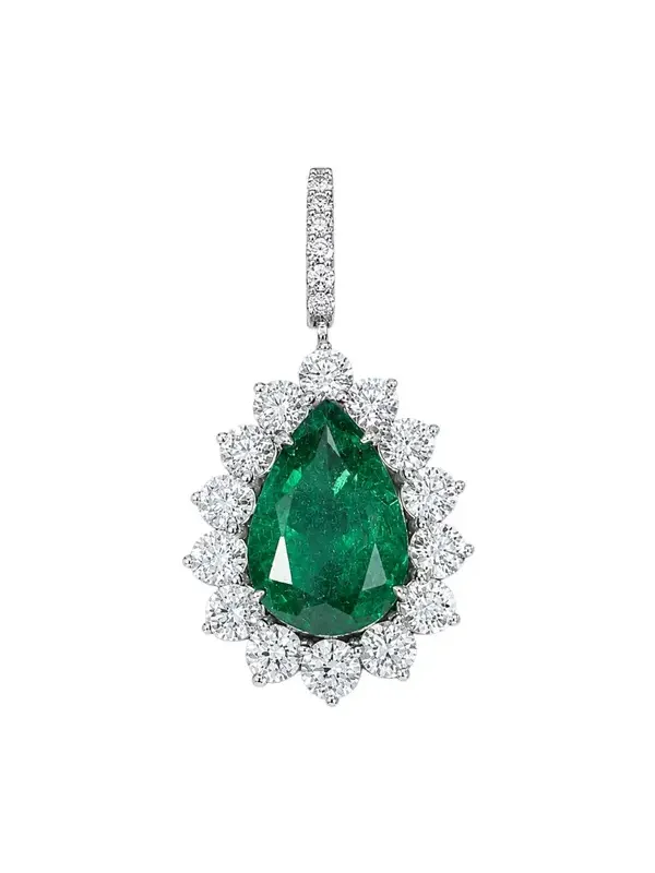11.14ct Emerald Diamond 18K Gold Pear Halo Pendant