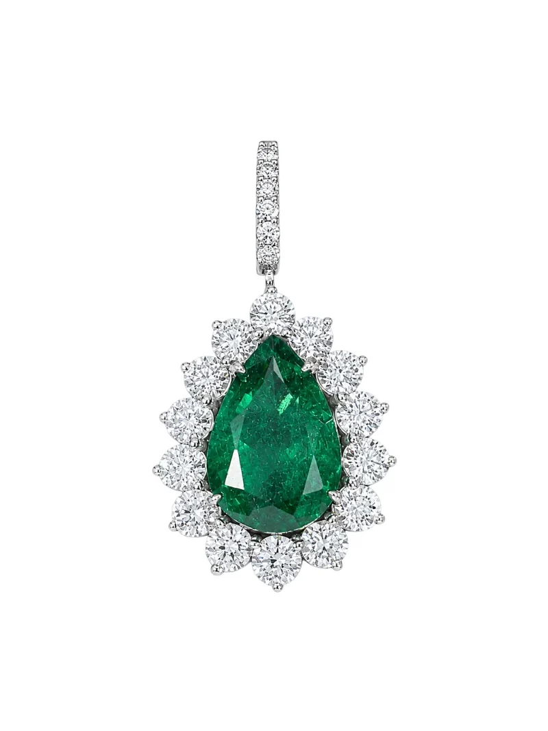 Wish Fine Jewelry 11.14ct Emerald Diamond 18K Gold Pear Halo Pendant