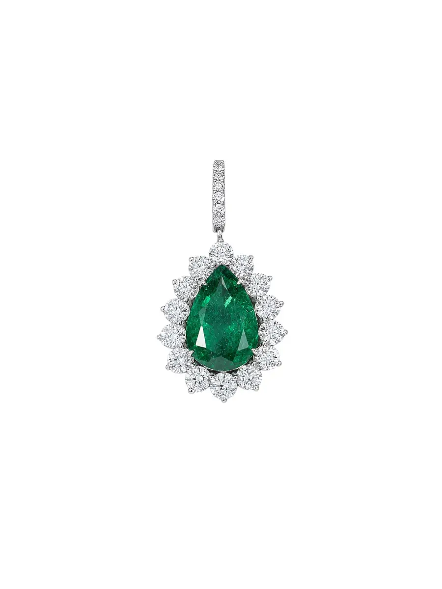 Wish Fine Jewelry 11.14ct Emerald Diamond 18K Gold Pear Halo Pendant