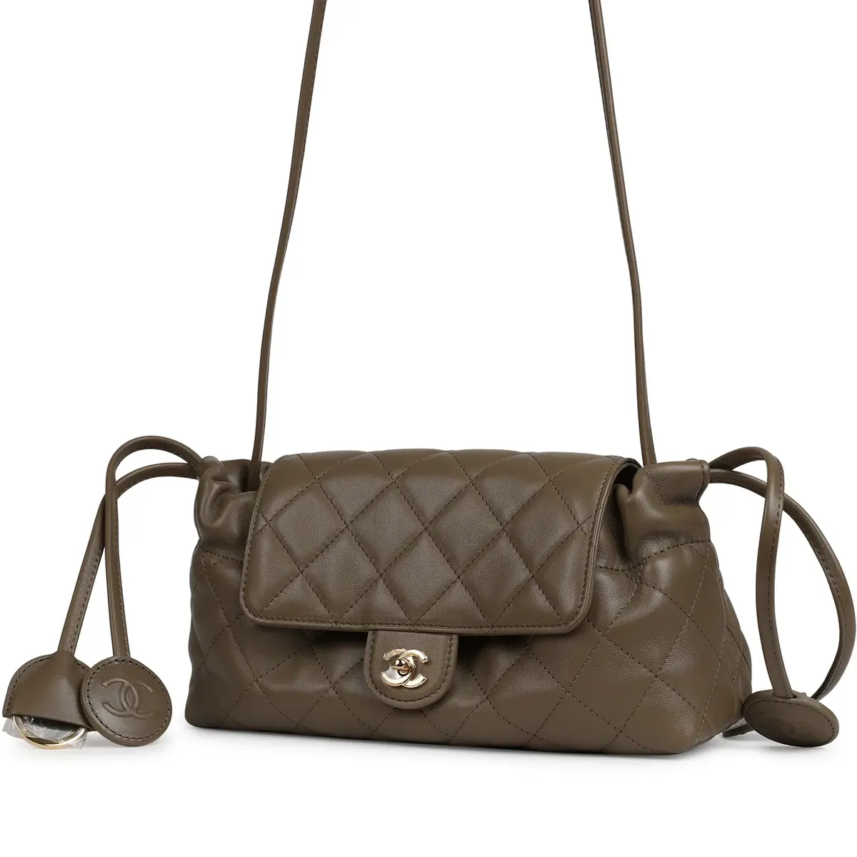 Chanel Chanel Drawstring Clutch Bag with Leather Strap Dark Khaki Lambskin Gold Hardware | Thumbnail 5