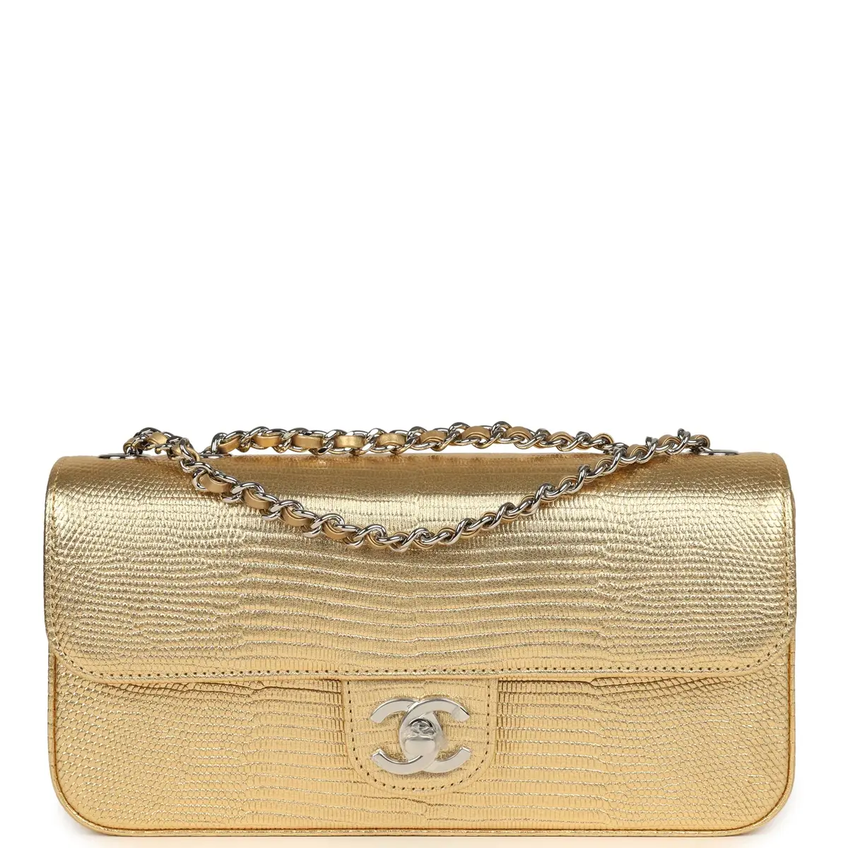 Chanel Chanel East West Flap Bag Gold Metallic Lizard Embossed Calfskin Silver Hardware | Image 1 Chanel Chanel East West Flap Bag Gold Metallic Lizard Embossed Calfskin Silver Hardware | Image 1