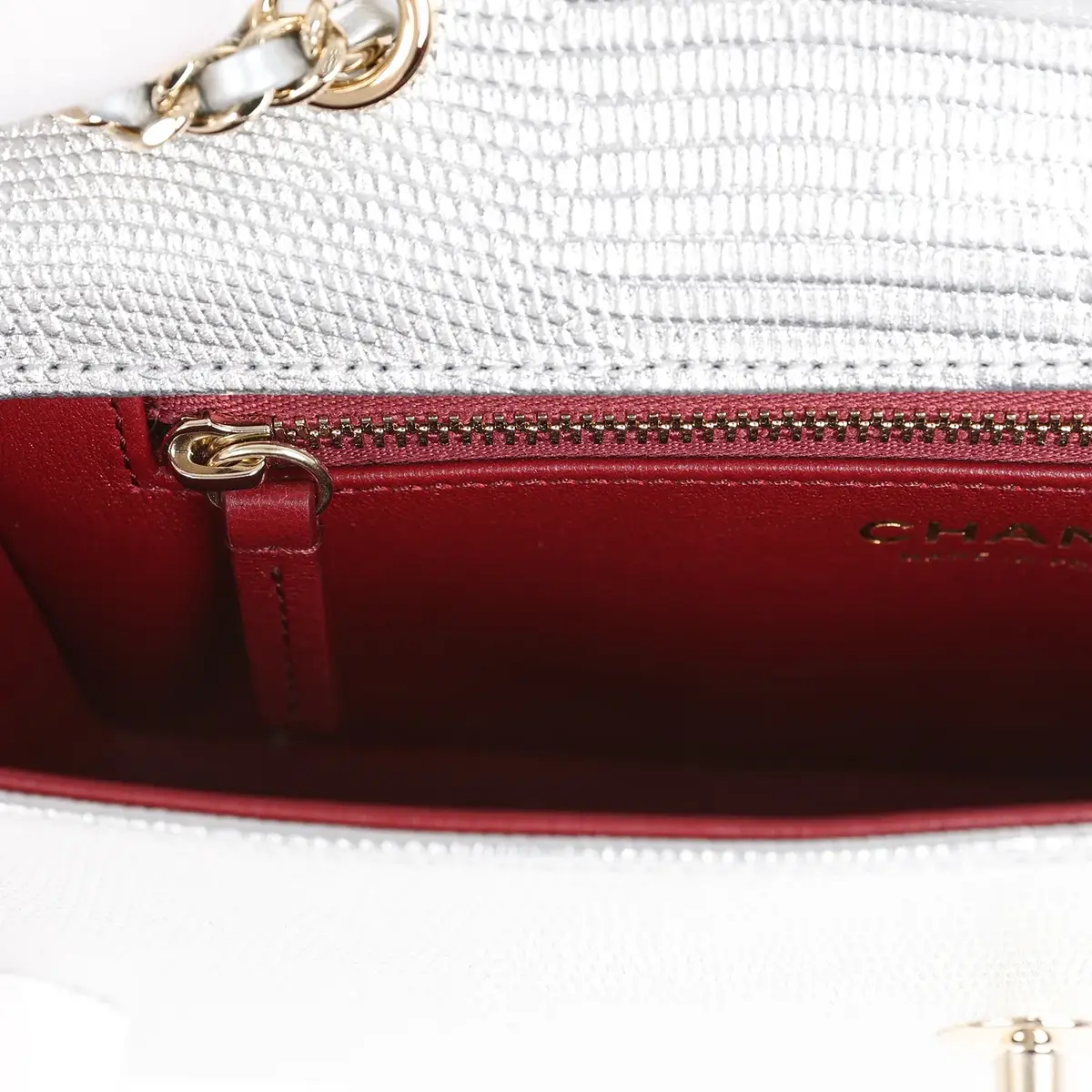 Chanel Chanel East West Flap Bag Silver Metallic Lizard Embossed Calfskin Light Gold Hardware | Thumbnail 9 Chanel Chanel East West Flap Bag Silver Metallic Lizard Embossed Calfskin Light Gold Hardware | Thumbnail 9