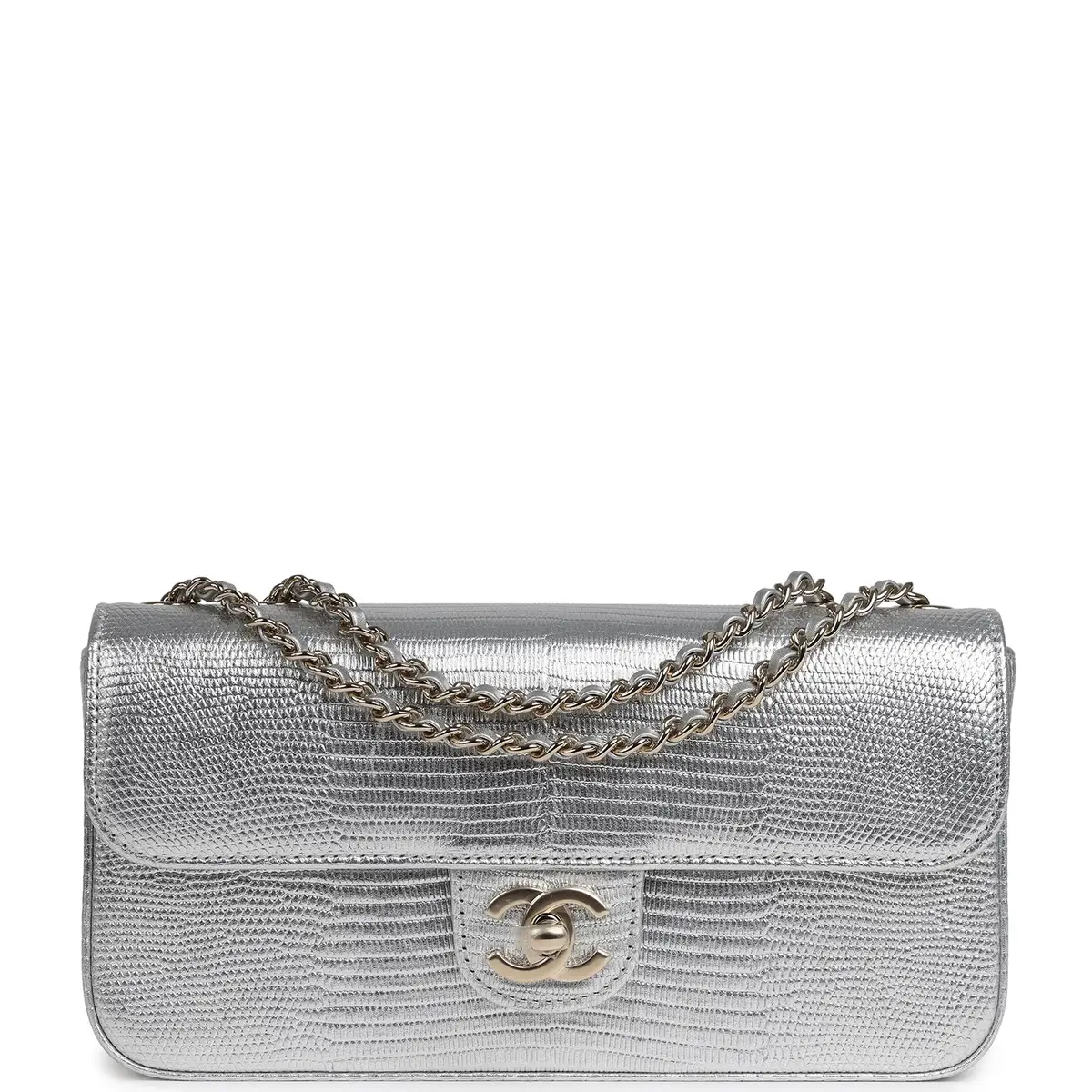 Chanel Chanel East West Flap Bag Silver Metallic Lizard Embossed Calfskin Light Gold Hardware | Image 1 Chanel Chanel East West Flap Bag Silver Metallic Lizard Embossed Calfskin Light Gold Hardware | Image 1
