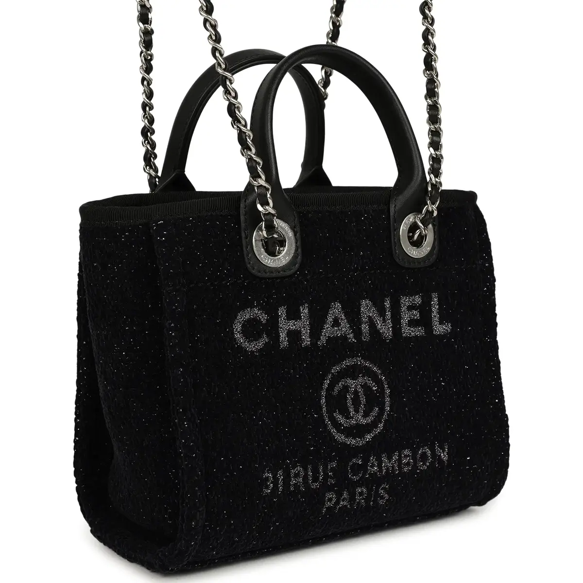 Chanel Chanel Mini Deauville Shopping Tote Black, Silver Tweed Boucle, Leather Silver Hardware | Thumbnail 2 Chanel Chanel Mini Deauville Shopping Tote Black, Silver Tweed Boucle, Leather Silver Hardware | Thumbnail 2