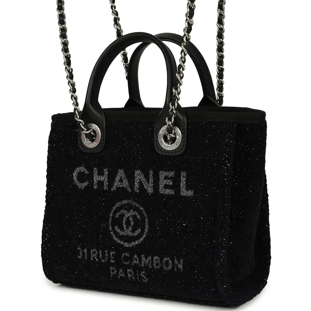 Chanel Chanel Mini Deauville Shopping Tote Black, Silver Tweed Boucle, Leather Silver Hardware | Thumbnail 5 Chanel Chanel Mini Deauville Shopping Tote Black, Silver Tweed Boucle, Leather Silver Hardware | Thumbnail 5