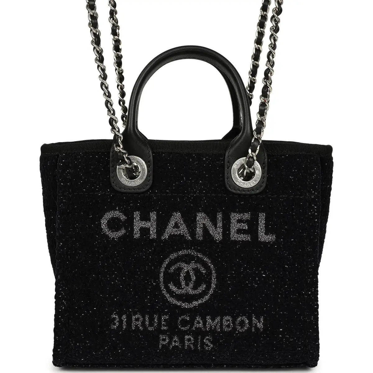 Chanel Chanel Mini Deauville Shopping Tote Black, Silver Tweed Boucle, Leather Silver Hardware | Image 1 Chanel Chanel Mini Deauville Shopping Tote Black, Silver Tweed Boucle, Leather Silver Hardware | Image 1