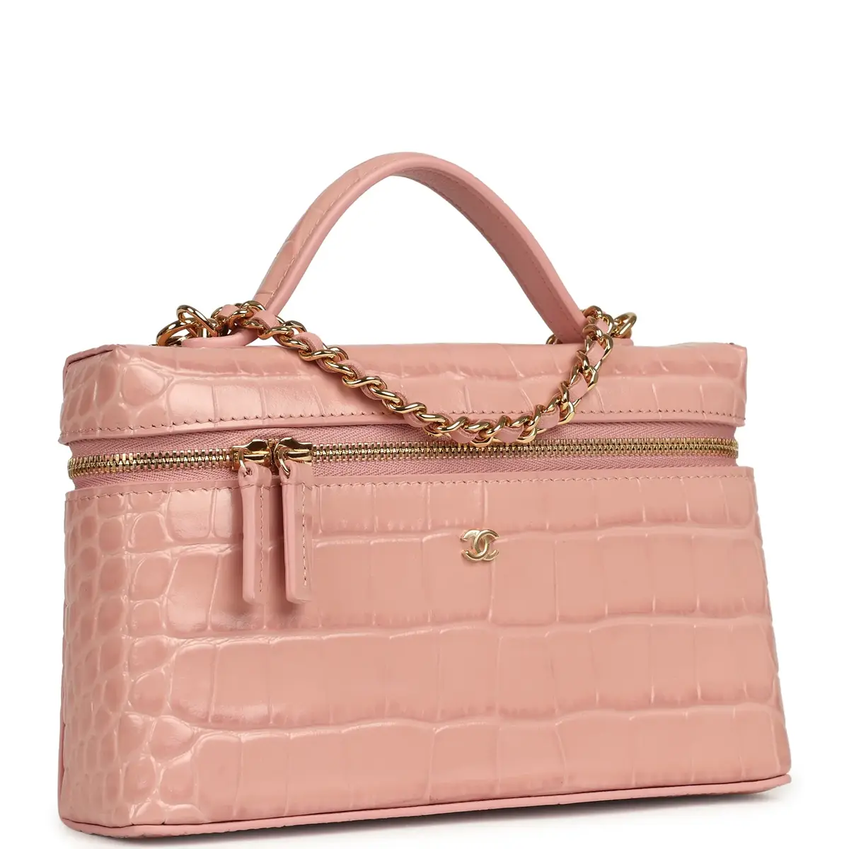 Chanel Chanel Top Handle Long Vanity Case with Chain Pink Croc Embossed Calfskin Gold Hardware | Thumbnail 2 Chanel Chanel Top Handle Long Vanity Case with Chain Pink Croc Embossed Calfskin Gold Hardware | Thumbnail 2