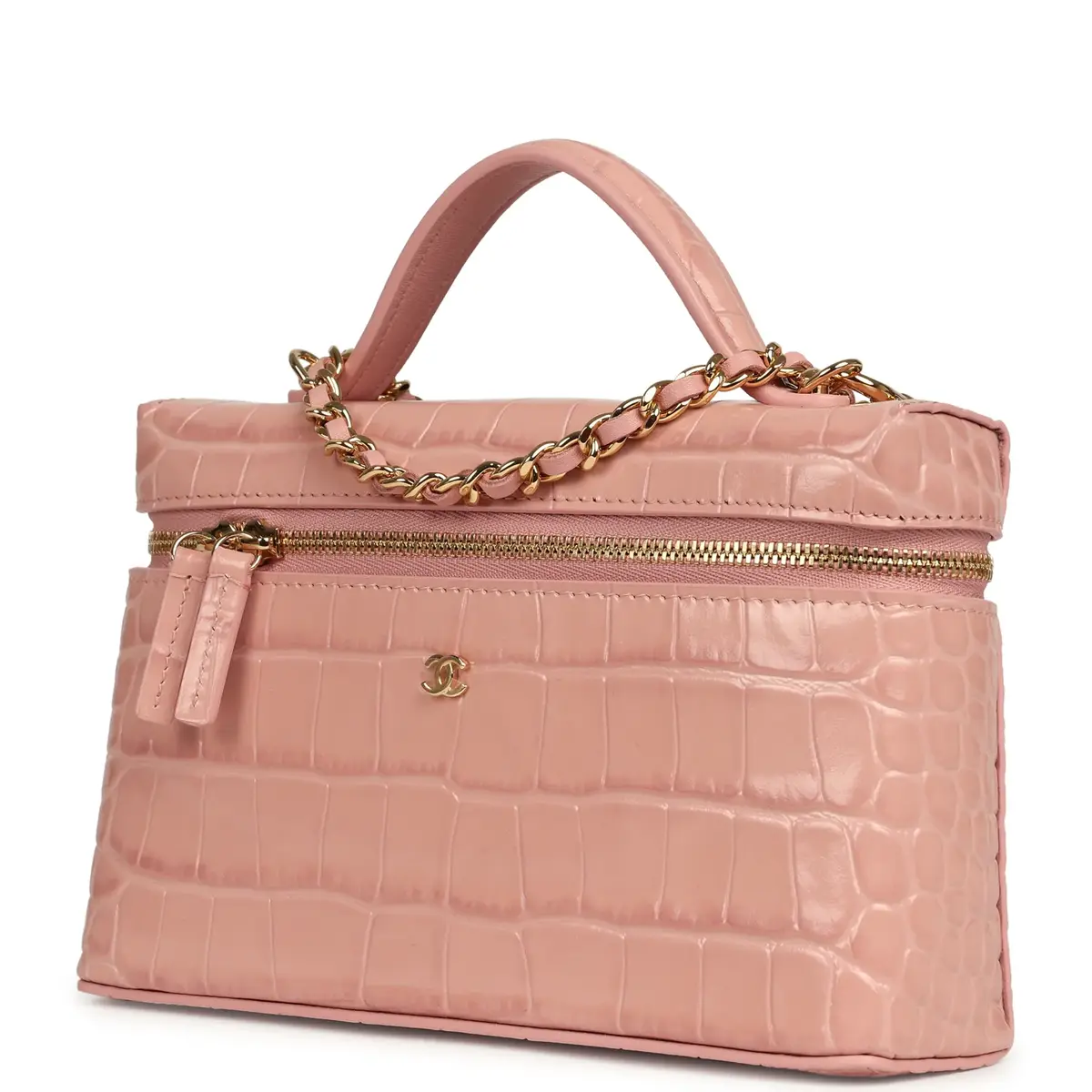 Chanel Chanel Top Handle Long Vanity Case with Chain Pink Croc Embossed Calfskin Gold Hardware | Thumbnail 5 Chanel Chanel Top Handle Long Vanity Case with Chain Pink Croc Embossed Calfskin Gold Hardware | Thumbnail 5
