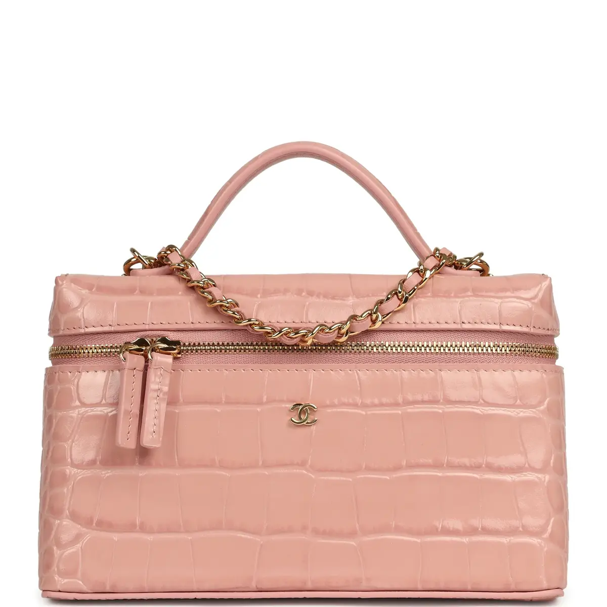 Chanel Chanel Top Handle Long Vanity Case with Chain Pink Croc Embossed Calfskin Gold Hardware | Image 1 Chanel Chanel Top Handle Long Vanity Case with Chain Pink Croc Embossed Calfskin Gold Hardware | Image 1