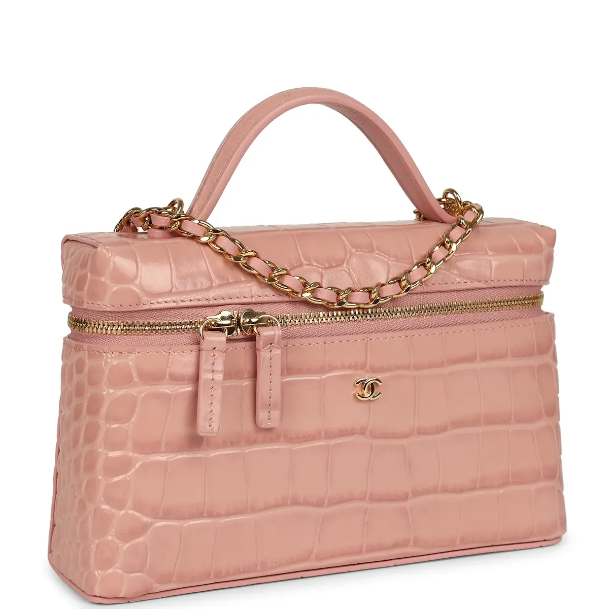 Chanel Chanel Top Handle Long Vanity Case with Chain Pink Croc Embossed Calfskin Gold Hardware | Thumbnail 2 Chanel Chanel Top Handle Long Vanity Case with Chain Pink Croc Embossed Calfskin Gold Hardware | Thumbnail 2