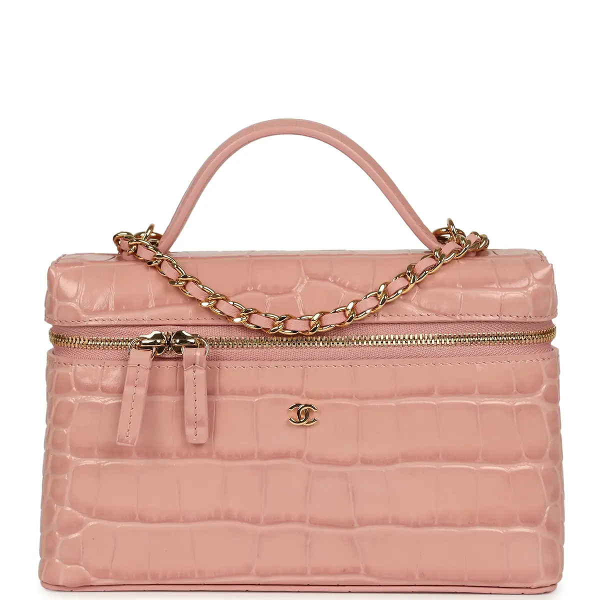 Chanel Chanel Top Handle Long Vanity Case with Chain Pink Croc Embossed Calfskin Gold Hardware | Image 1 Chanel Chanel Top Handle Long Vanity Case with Chain Pink Croc Embossed Calfskin Gold Hardware | Image 1