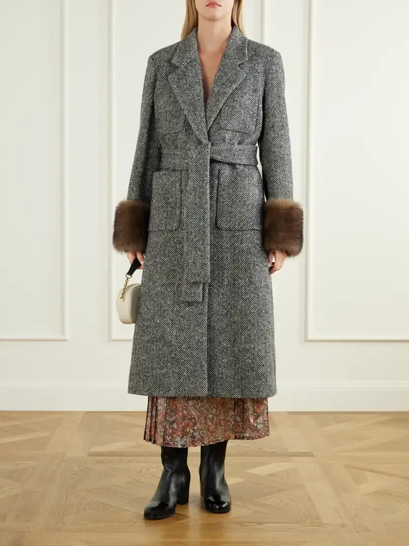 Valentino Garavani Belted Shearling-trimmed Herringbone Wool-blend Coat | Thumbnail 2 Valentino Garavani Belted Shearling-trimmed Herringbone Wool-blend Coat | Thumbnail 2