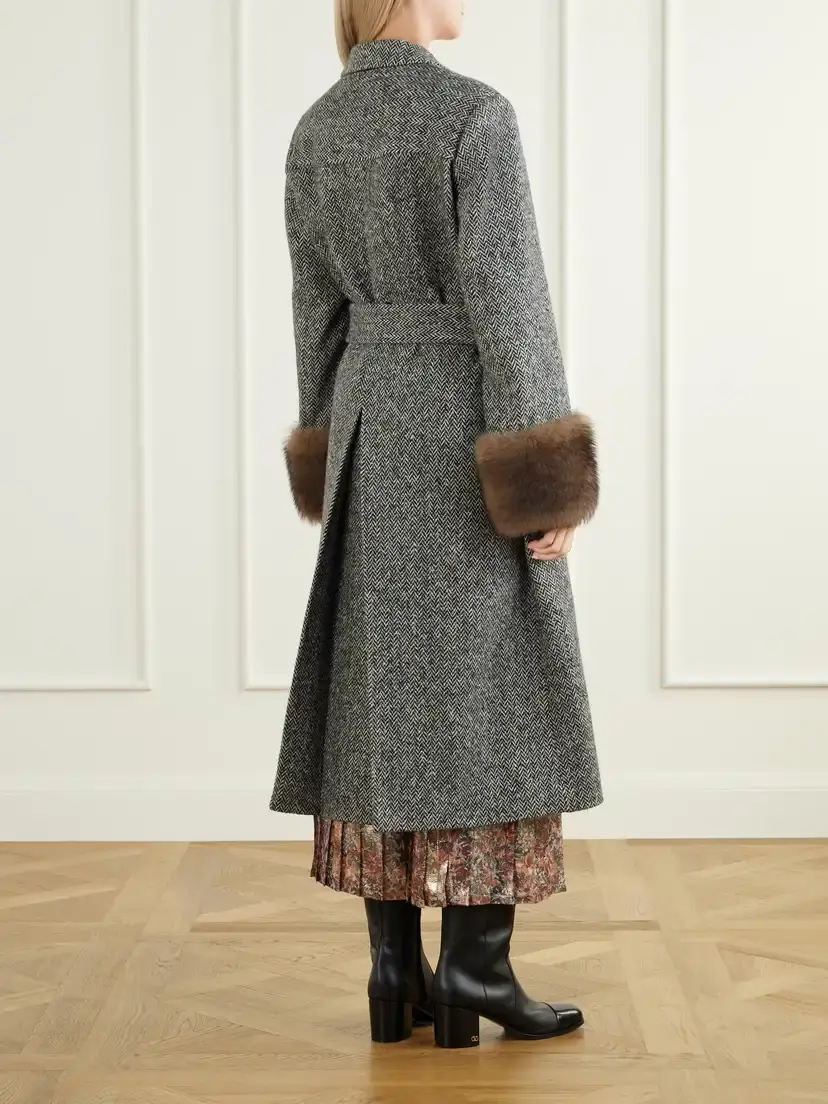 Valentino Garavani Belted Shearling-trimmed Herringbone Wool-blend Coat | Thumbnail 3 Valentino Garavani Belted Shearling-trimmed Herringbone Wool-blend Coat | Thumbnail 3