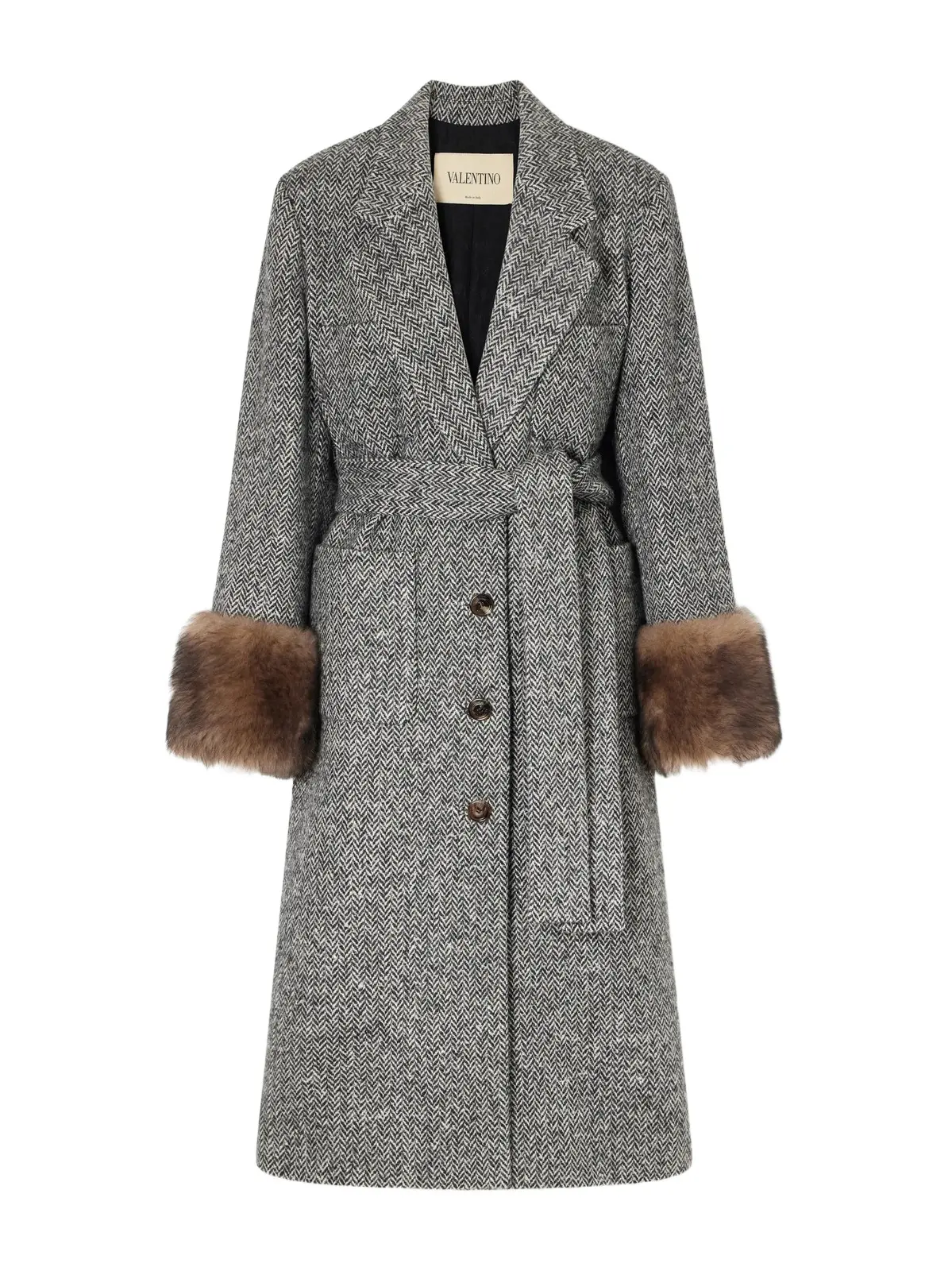 Belted Shearling-trimmed Herringbone Wool-blend Coat