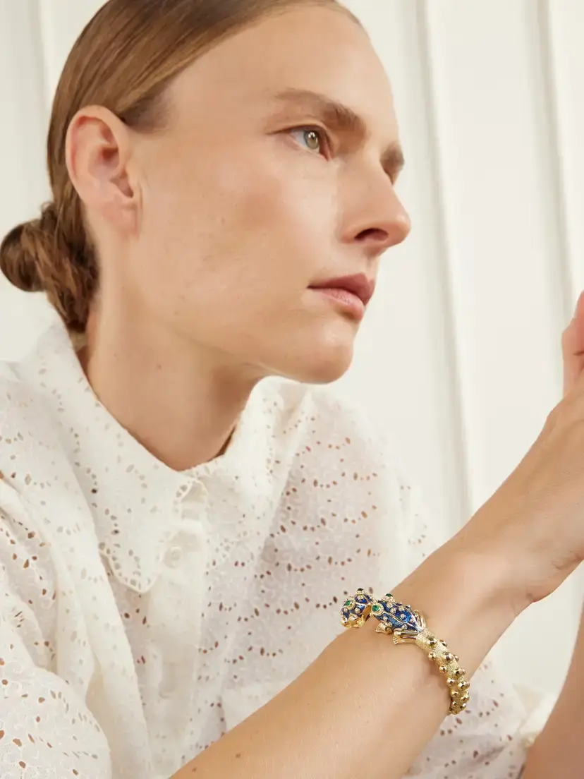 DAVID WEBB Baby Frog 18-karat Gold, Emerald And Enamel Bangle - Blue | Thumbnail 2