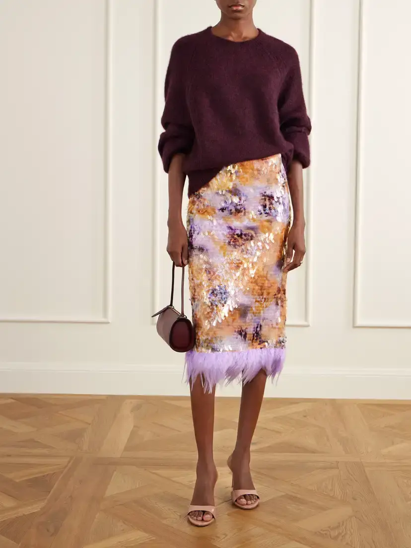Staud Lark Sequin-embellished Feather-trimmed Mesh Midi Skirt | Thumbnail 2 Staud Lark Sequin-embellished Feather-trimmed Mesh Midi Skirt | Thumbnail 2