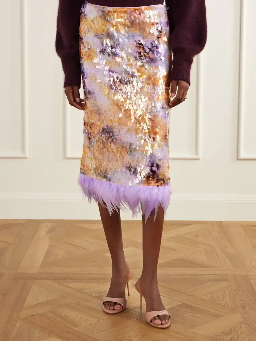 Staud Lark Sequin-embellished Feather-trimmed Mesh Midi Skirt | Thumbnail 3 Staud Lark Sequin-embellished Feather-trimmed Mesh Midi Skirt | Thumbnail 3