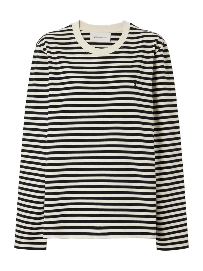 AMI PARIS Logo-embroidered Striped Cotton-jersey T-shirt