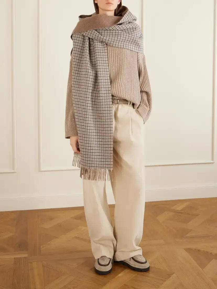 Brunello Cucinelli Hooded Fringed Checked Cashmere Wrap | Thumbnail 2 Brunello Cucinelli Hooded Fringed Checked Cashmere Wrap | Thumbnail 2