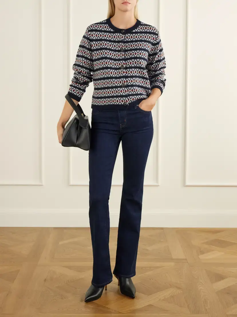 Frame The Cashmere Cardi Intarsia Wool And Cashmere-blend Cardigan - Blue | Thumbnail 2