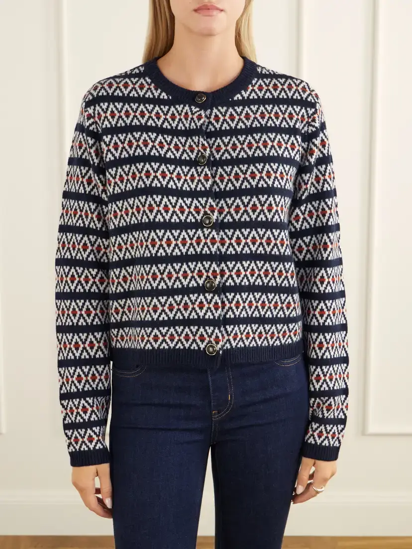 Frame The Cashmere Cardi Intarsia Wool And Cashmere-blend Cardigan - Blue | Thumbnail 3
