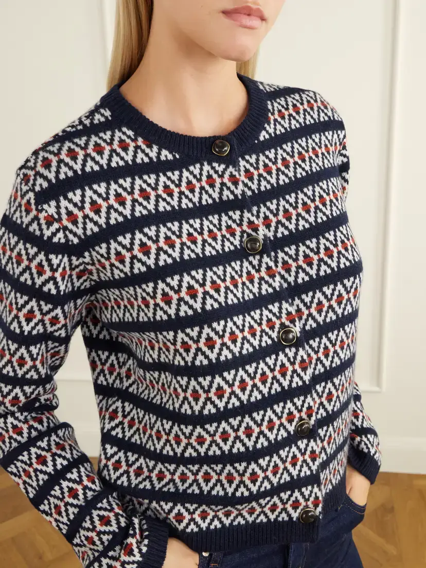 Frame The Cashmere Cardi Intarsia Wool And Cashmere-blend Cardigan - Blue | Thumbnail 5
