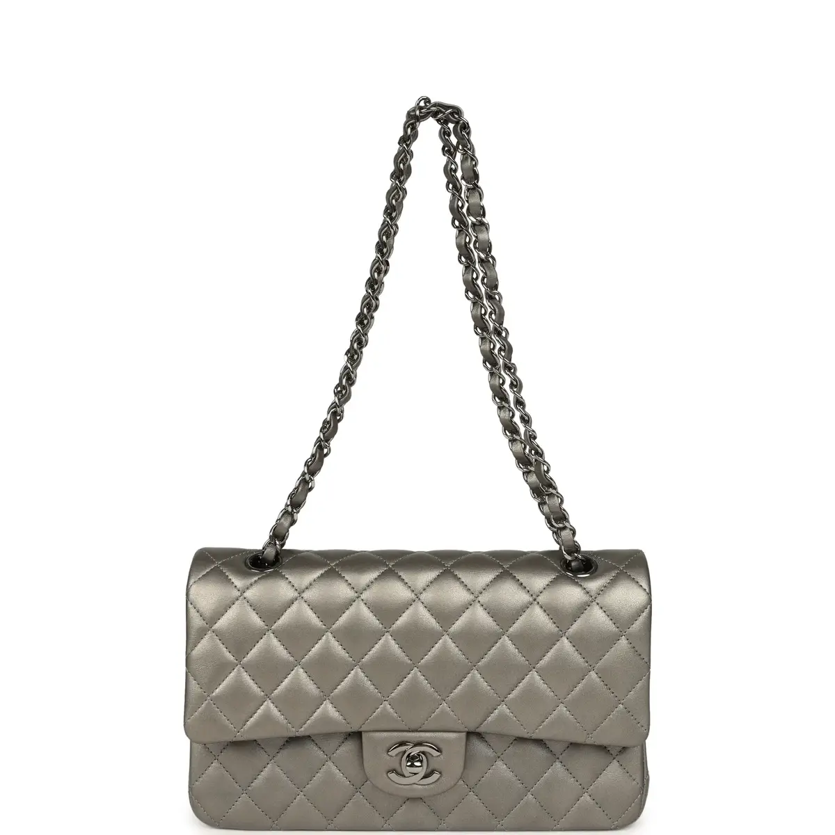 Chanel Pre-owned Chanel Medium Classic Double Flap Bag Dark Silver Lambskin Ruthenium Hardware | Thumbnail 7