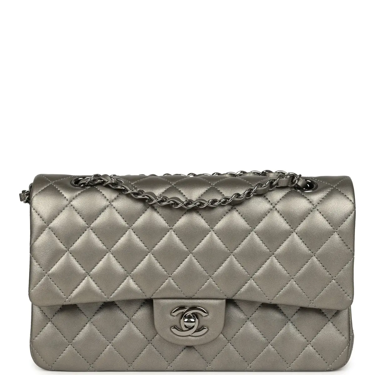 Chanel Pre-owned Chanel Medium Classic Double Flap Bag Dark Silver Lambskin Ruthenium Hardware | Image 1 Chanel Pre-owned Chanel Medium Classic Double Flap Bag Dark Silver Lambskin Ruthenium Hardware | Image 1