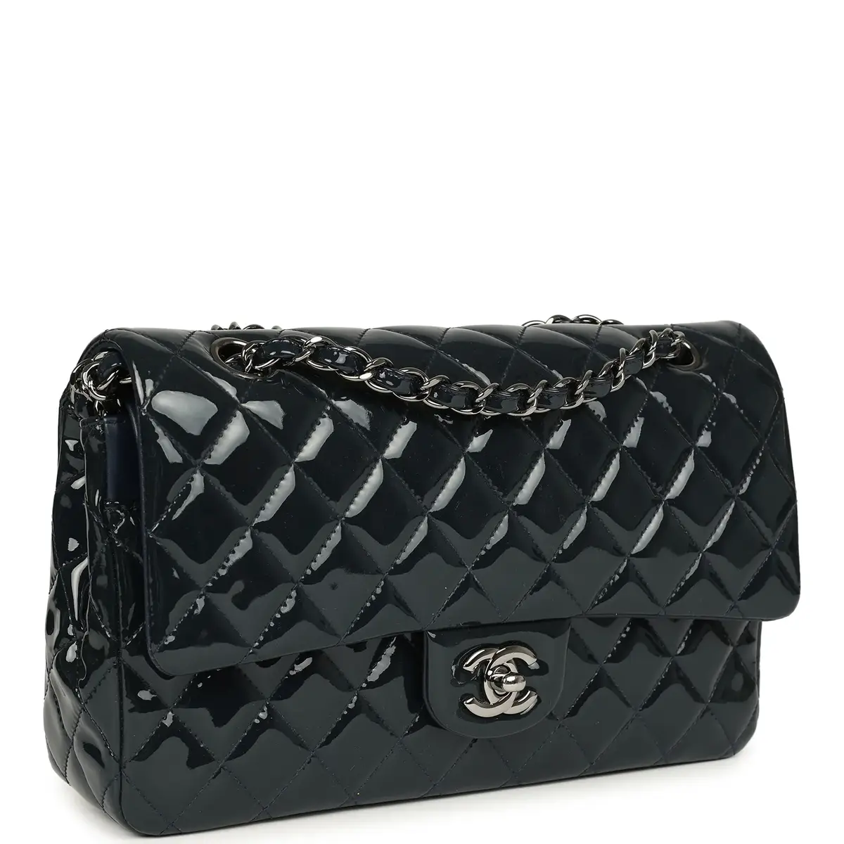 Chanel Pre-owned Chanel Medium Classic Double Flap Bag Navy Blue Patent Ruthenium Hardware | Thumbnail 2