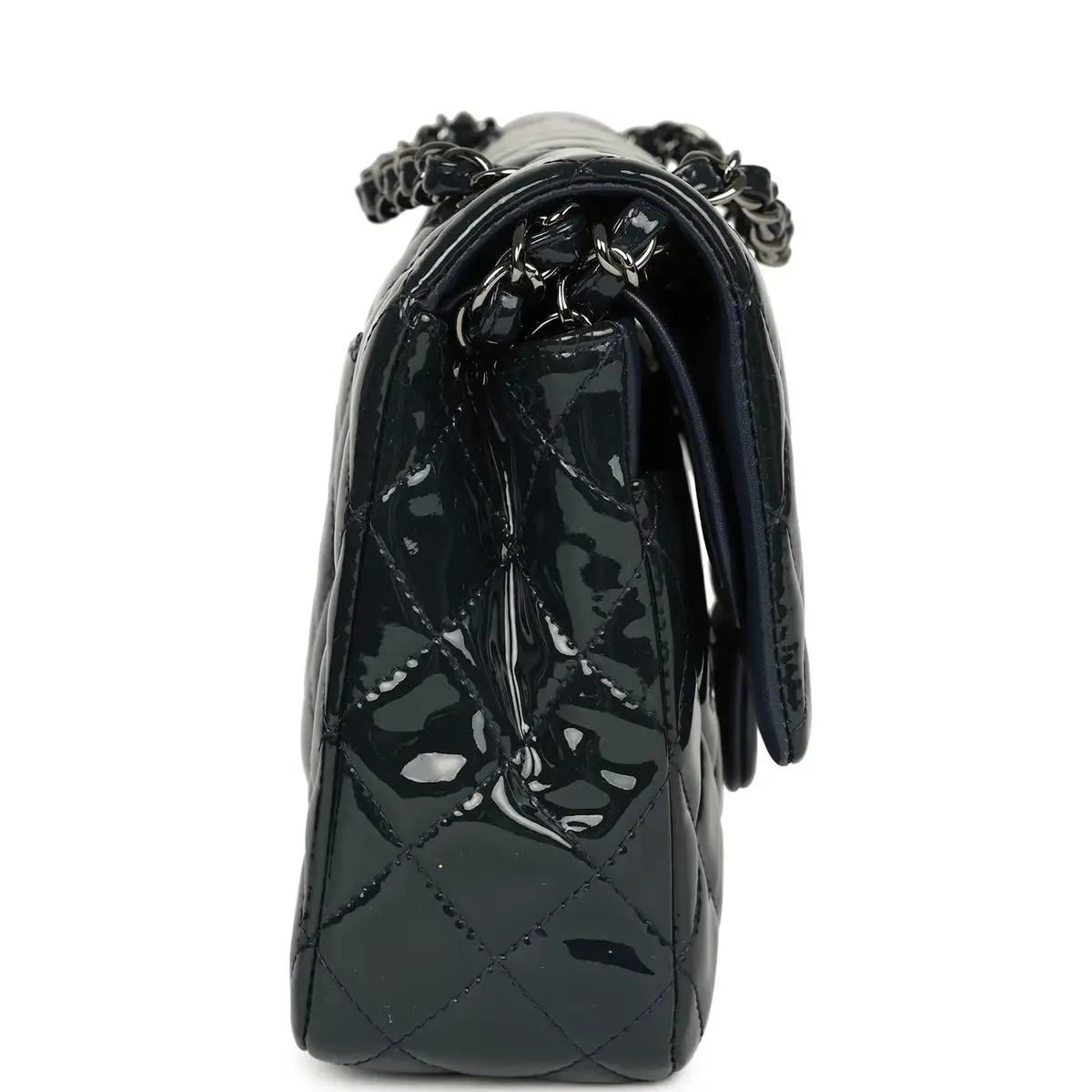 Chanel Pre-owned Chanel Medium Classic Double Flap Bag Navy Blue Patent Ruthenium Hardware | Thumbnail 3