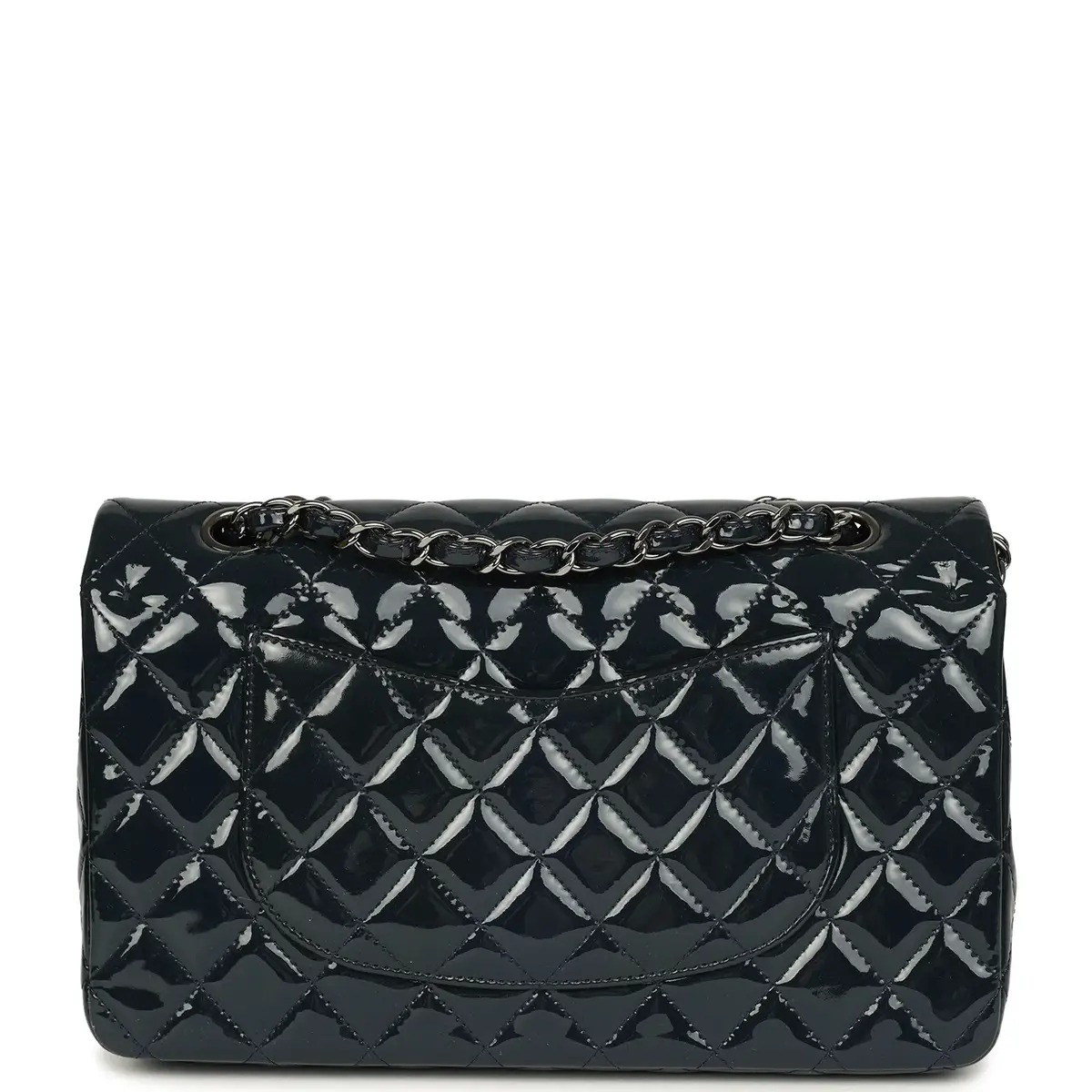 Chanel Pre-owned Chanel Medium Classic Double Flap Bag Navy Blue Patent Ruthenium Hardware | Thumbnail 4