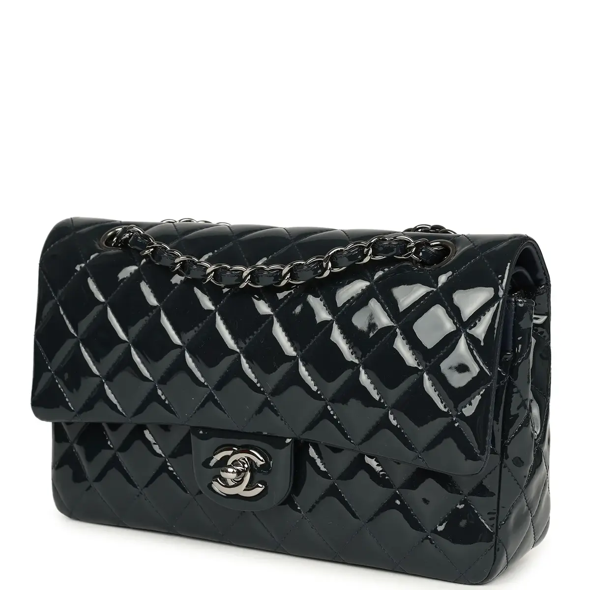 Chanel Pre-owned Chanel Medium Classic Double Flap Bag Navy Blue Patent Ruthenium Hardware | Thumbnail 5