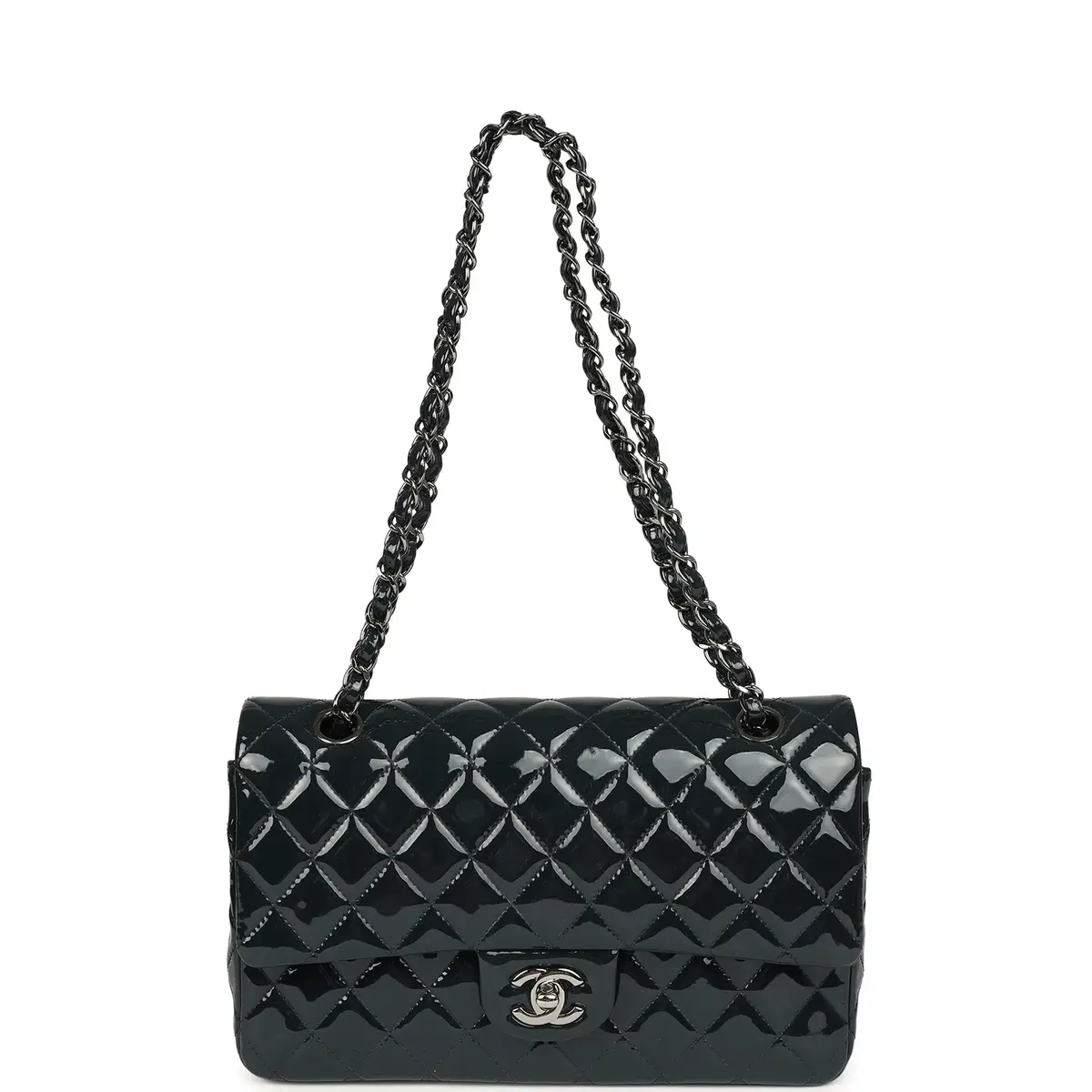 Chanel Pre-owned Chanel Medium Classic Double Flap Bag Navy Blue Patent Ruthenium Hardware | Thumbnail 7