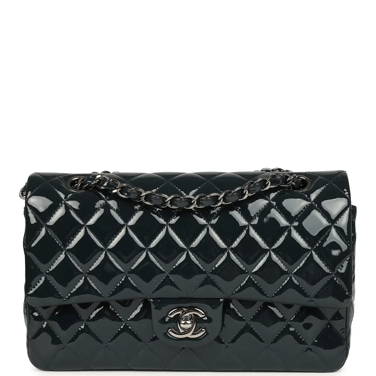 Chanel Pre-owned Chanel Medium Classic Double Flap Bag Navy Blue Patent Ruthenium Hardware | Image 1 Chanel Pre-owned Chanel Medium Classic Double Flap Bag Navy Blue Patent Ruthenium Hardware | Image 1