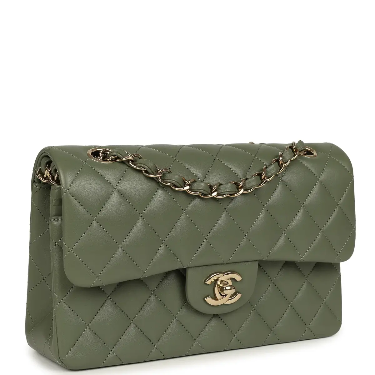 Chanel Pre-owned Chanel Small Classic Double Flap Bag Olive Green Lambskin Light Gold Hardware | Thumbnail 2 Chanel Pre-owned Chanel Small Classic Double Flap Bag Olive Green Lambskin Light Gold Hardware | Thumbnail 2