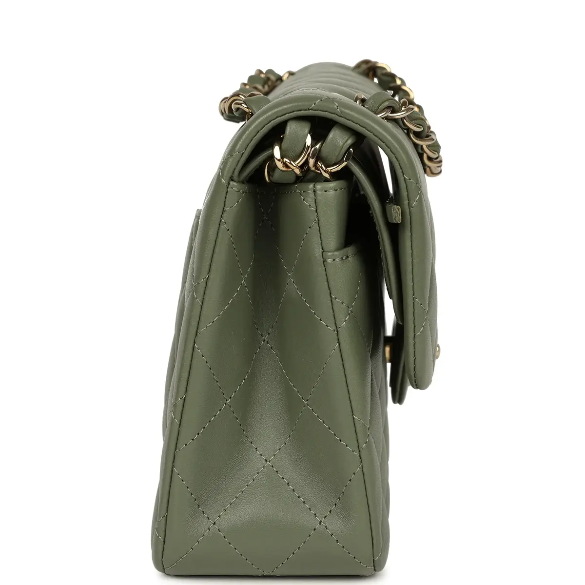 Chanel Pre-owned Chanel Small Classic Double Flap Bag Olive Green Lambskin Light Gold Hardware | Thumbnail 3 Chanel Pre-owned Chanel Small Classic Double Flap Bag Olive Green Lambskin Light Gold Hardware | Thumbnail 3