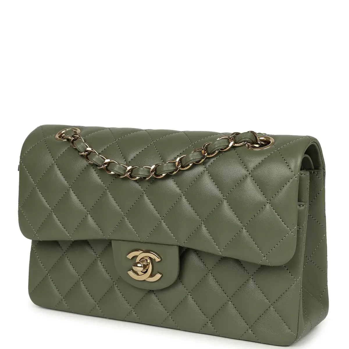 Chanel Pre-owned Chanel Small Classic Double Flap Bag Olive Green Lambskin Light Gold Hardware | Thumbnail 5 Chanel Pre-owned Chanel Small Classic Double Flap Bag Olive Green Lambskin Light Gold Hardware | Thumbnail 5