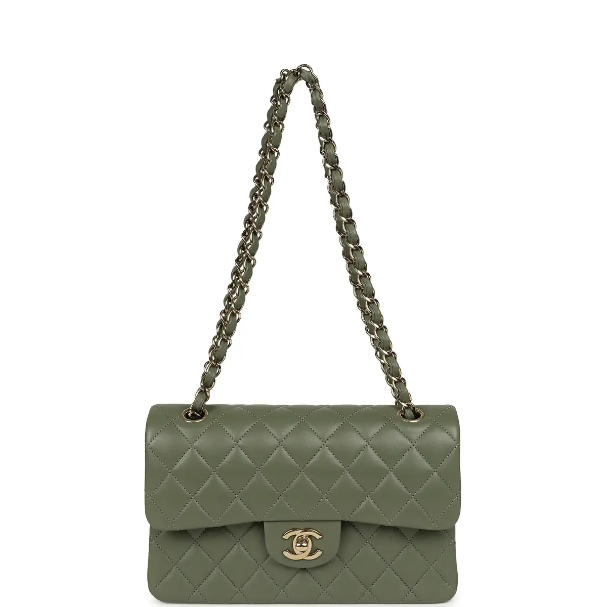 Chanel Pre-owned Chanel Small Classic Double Flap Bag Olive Green Lambskin Light Gold Hardware | Thumbnail 7 Chanel Pre-owned Chanel Small Classic Double Flap Bag Olive Green Lambskin Light Gold Hardware | Thumbnail 7