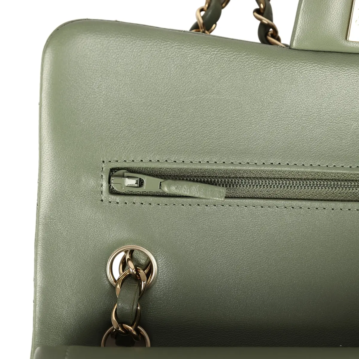 Chanel Pre-owned Chanel Small Classic Double Flap Bag Olive Green Lambskin Light Gold Hardware | Thumbnail 8 Chanel Pre-owned Chanel Small Classic Double Flap Bag Olive Green Lambskin Light Gold Hardware | Thumbnail 8