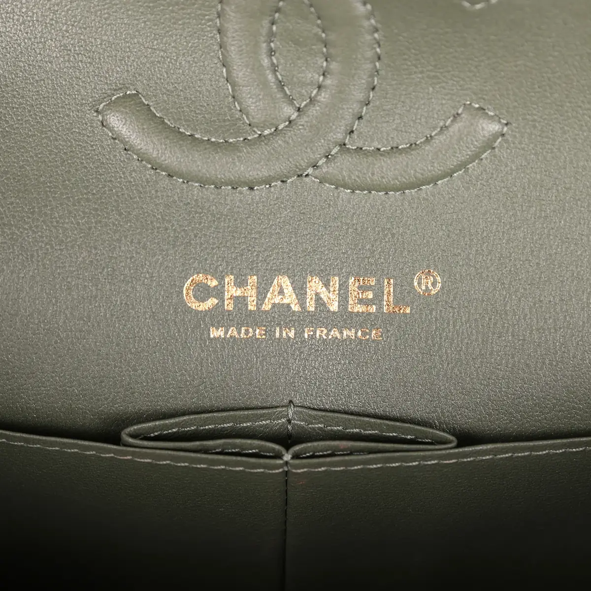 Chanel Pre-owned Chanel Small Classic Double Flap Bag Olive Green Lambskin Light Gold Hardware | Thumbnail 9 Chanel Pre-owned Chanel Small Classic Double Flap Bag Olive Green Lambskin Light Gold Hardware | Thumbnail 9