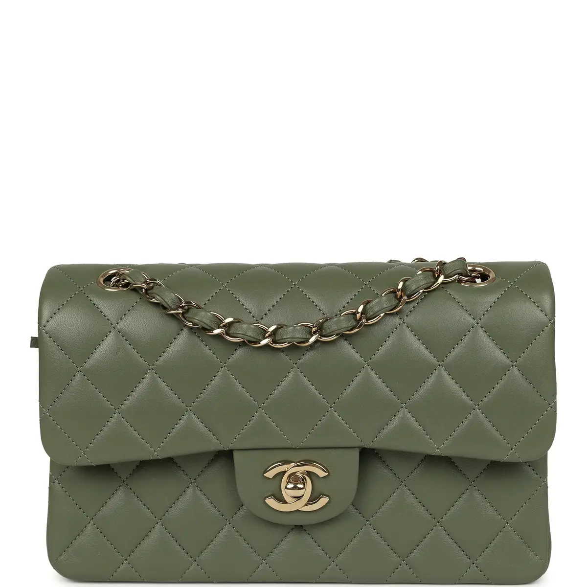 Chanel Pre-owned Chanel Small Classic Double Flap Bag Olive Green Lambskin Light Gold Hardware | Image 1 Chanel Pre-owned Chanel Small Classic Double Flap Bag Olive Green Lambskin Light Gold Hardware | Image 1