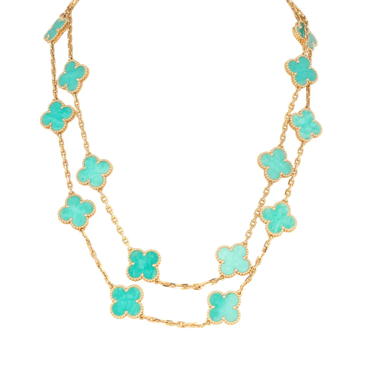 Van Cleef & Arpels Van Cleef & Arpels Vintage Alhambra 20 Motif Long Necklace Amazonite 18K Yellow Gold | Image 1 Van Cleef & Arpels Van Cleef & Arpels Vintage Alhambra 20 Motif Long Necklace Amazonite 18K Yellow Gold | Image 1
