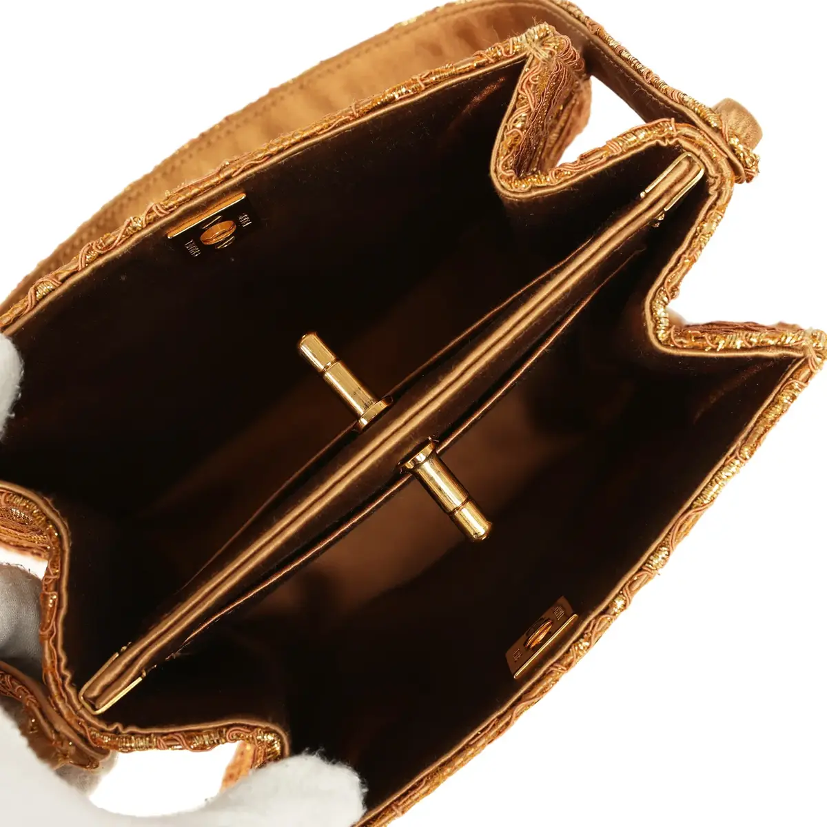 Chanel Vintage Chanel Mini Double Side Turnlock Bag Dark Gold Jacquard Lace, Satin Gold Hardware | Thumbnail 9 Chanel Vintage Chanel Mini Double Side Turnlock Bag Dark Gold Jacquard Lace, Satin Gold Hardware | Thumbnail 9