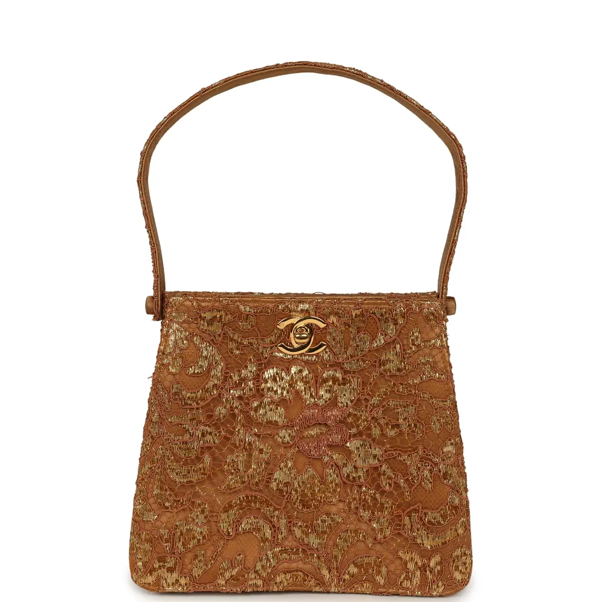 Chanel Vintage Chanel Mini Double Side Turnlock Bag Dark Gold Jacquard Lace, Satin Gold Hardware