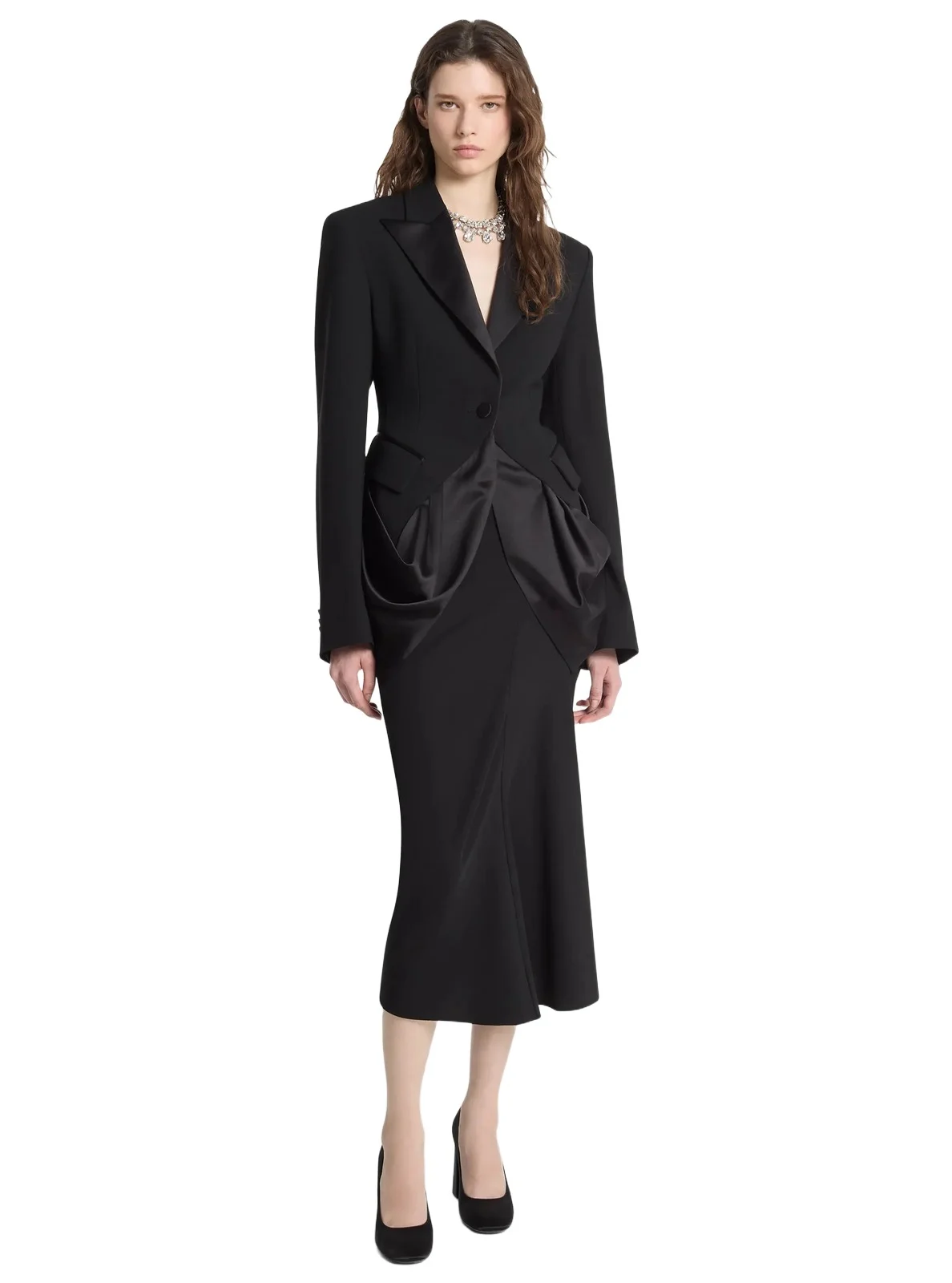 Michael Kors Collection Stretch Wool Draped Tuxedo Blazer in Black
